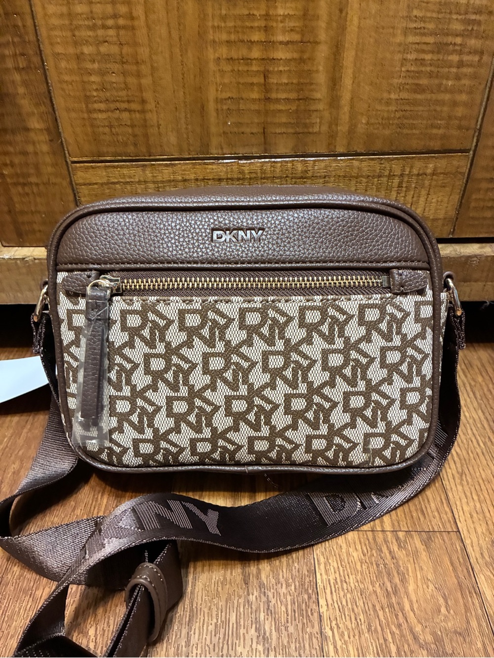 DKNY Chocolate Brown Monogram Crossbody Bag with Logo Strap NWT